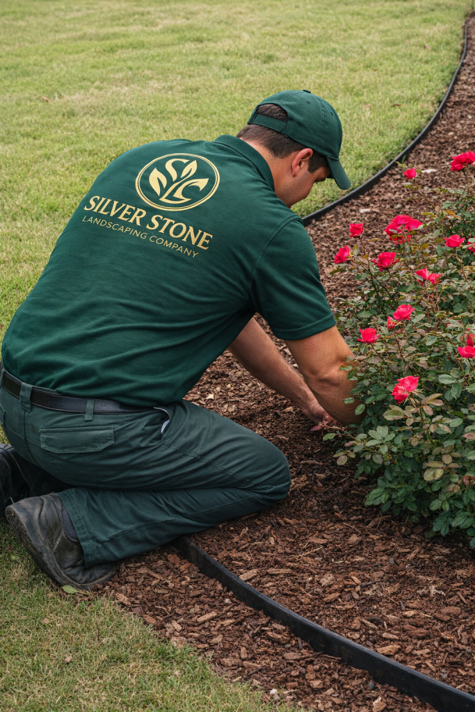 Landscaping technician installing and maintaining garden beds
