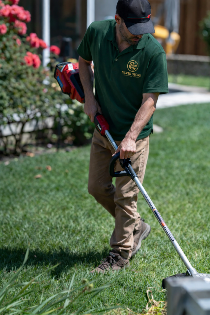 Landscaping professional performing routine lawn maintenance on residential property