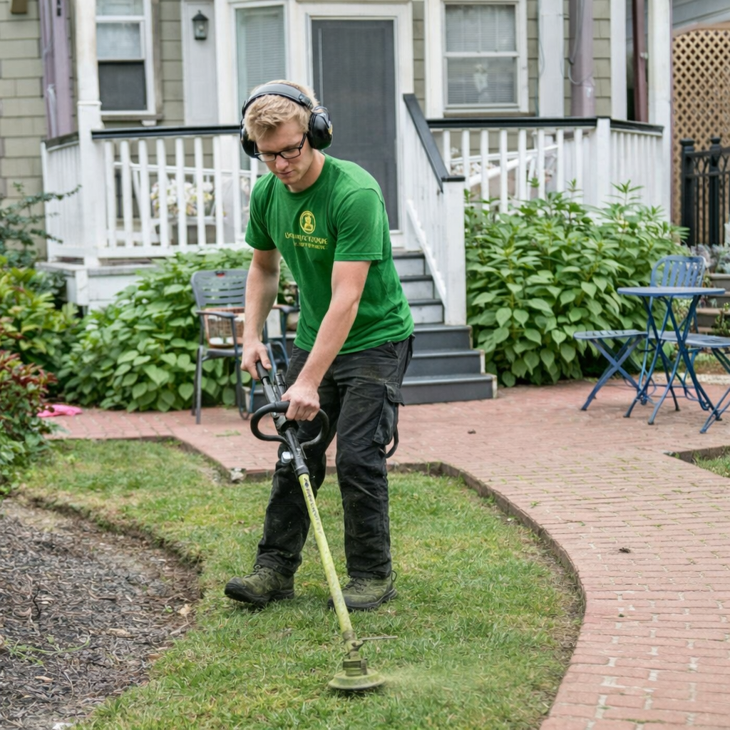 Silver Stone Landscaping Company technician edging lawn at residential property