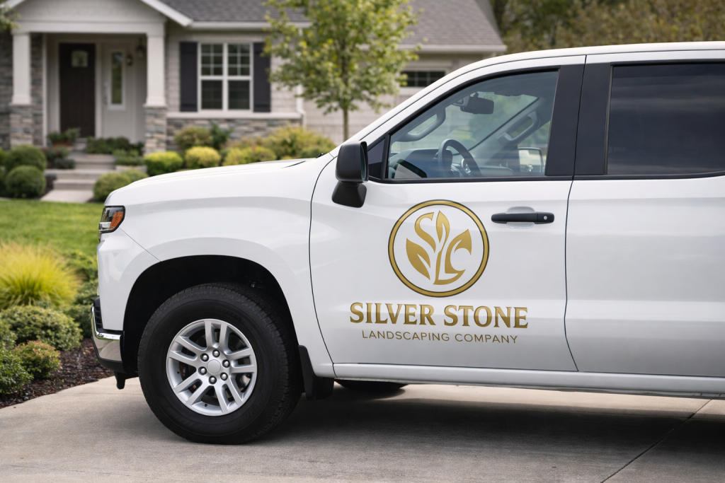 Silver Stone Landscaping Company truck providing residential landscaping services in Katy Texas